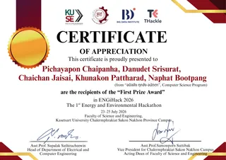 First Prize Award — ENGiHack 2026: The 1st Energy and Environmental Hackathon certificate from Faculty of Science and Engineering, Kasetsart University Chalermphrakiat Sakon Nakhon